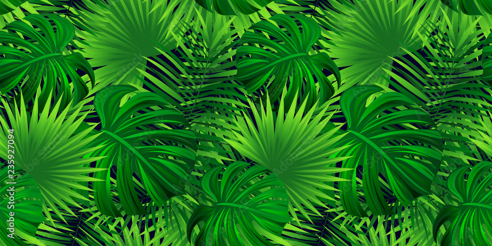 Rainforest vector background. tropical leaves illustration. vector exotic  jungle plants, palms wallpaper. Repeated texture. beautiful tropic  seascape. Green foliage design. Bright colors. Stock Vector | Adobe Stock