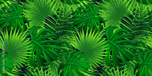 Rainforest vector background. tropical leaves illustration. vector exotic jungle plants, palms wallpaper. Repeated texture. beautiful tropic seascape. Green foliage design. Bright colors.