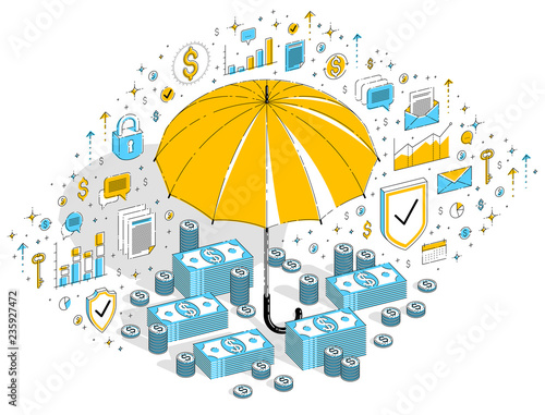 Insurance policy concept, umbrella with cash money dollar stack and coins isolated on white background. Isometric 3d vector finance illustration with icons, stats charts and design elements.