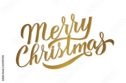 Merry Christmas gold glitter lettering on white background. Celebrations quote hand painted with brush. Holidays typography poster. Easy to edit vector template