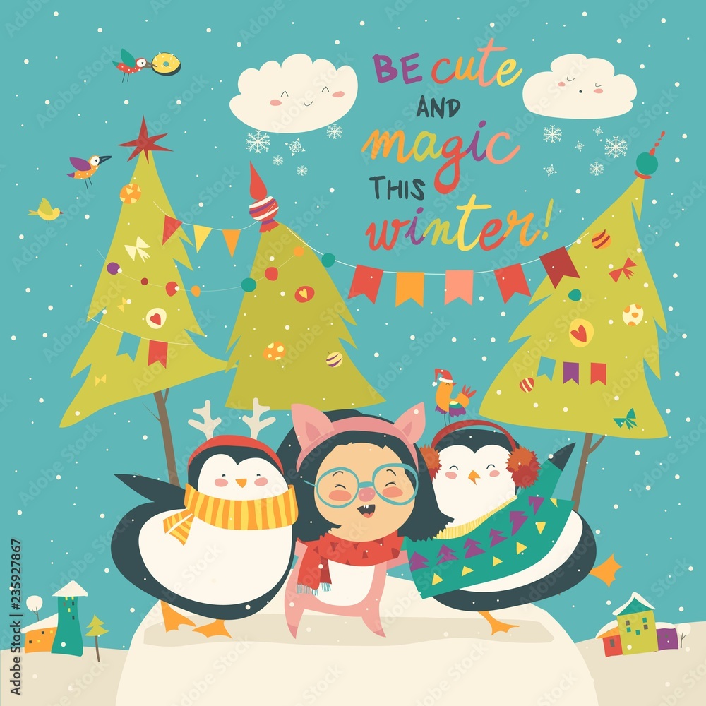 Cute cartoon penguins friends hugging chinese girl in pig costume Cute cartoon penguins friends hugging chinese girl in pig costume
