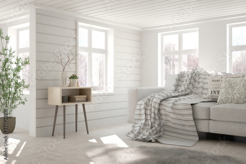 White room with sofa and winter landscape in window. Scandinavian interior design. 3D illustration