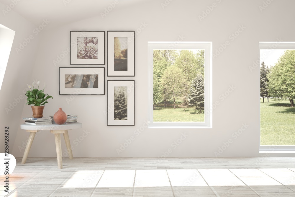 Fototapeta premium White empty room with summer landscape in window. Scandinavian interior design. 3D illustration