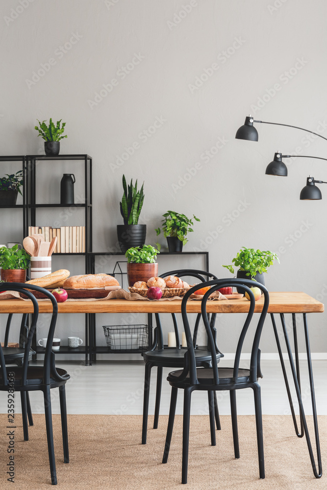 Obraz premium Black chairs at wooden table with food in grey dining room interior with lamp and plants. Real photo