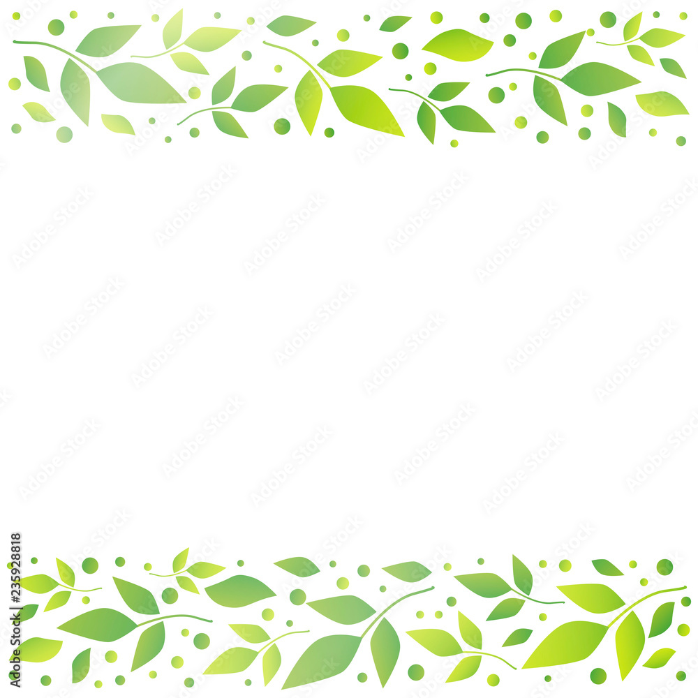 White square background with decorative stripes align top and below with green leaves and dots for decoration, scrapbooking paper,wedding invitation, greeting card, text,cover of book, notebook White square background with decorative stripes align top and below with green leaves and dots for decoration, scrapbooking paper,wedding invitation, greeting card, text,cover of book, notebook