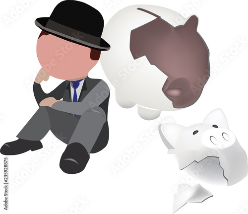persona disperata seduta con salvadanaio rotto 