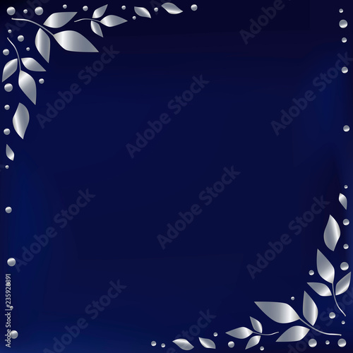 Blue background stylized as blue velvet with decorative edges with silver leaves and dots for decoration, scrapbooking paper, sheet of book or notebook, wedding, invitation, greeting card, text © Rezida