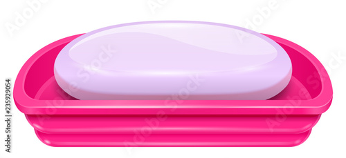 Fragrant purple soap bar on plastic pink basin. Household stuff for washing and cleaning. Isolated on white background. EPS10 vector illustration.