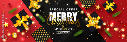 Merry Christmas Sale poster with serpentine,garland, fir branches, gift boxes, Rowan and gold stars. Vector illustration. Design for invitation, banners, ads, coupons, promotional material.