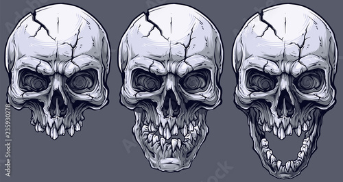 Detailed graphic realistic cool black and white human skulls with crack and broken teeth. On gray background. Vector icon set.