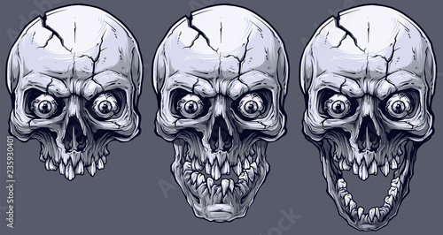 Detailed graphic realistic cool black and white human skulls with crack, crazy eyes and broken teeth. On gray background. Vector icon set.