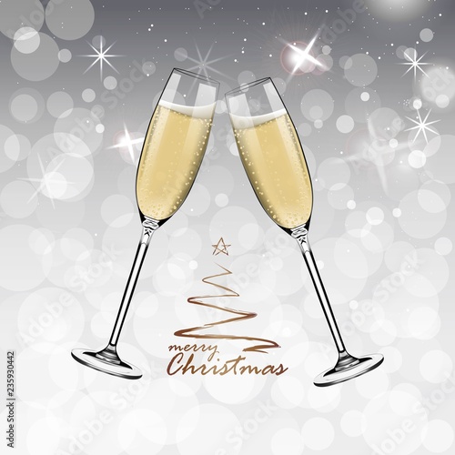 Vector Happy New Year with toasting glasses of champagne on white snow background in realistic style. Greeting card or party invitation with golden Christmas tree illustration.