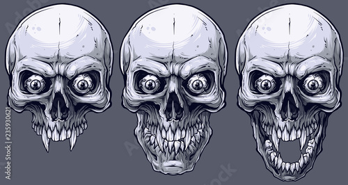 Detailed graphic realistic cool black and white human skulls with sharp canines and crazy eyes . On gray background. Vector icon set.