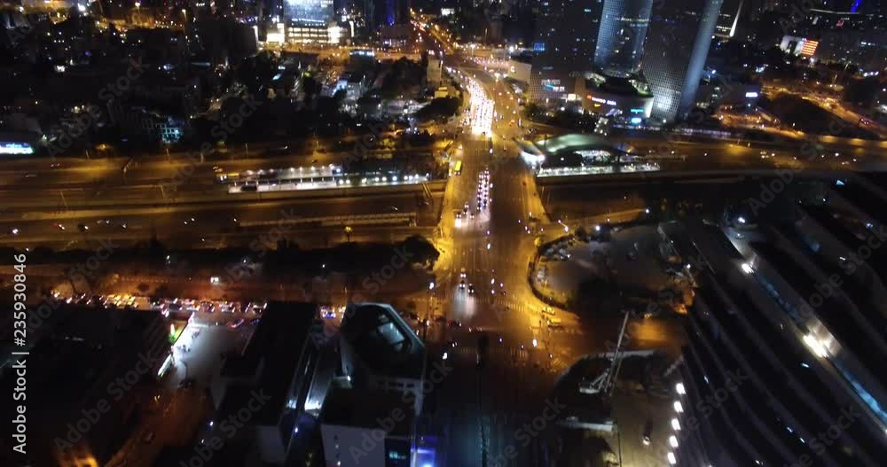 Flying over Tel Aviv City and traffic at Night Drone shot of Skyscrapers and traffic in Tel aviv at Night Flying over Tel Aviv City and traffic at Night Drone shot of Skyscrapers and traffic in Tel aviv at Night