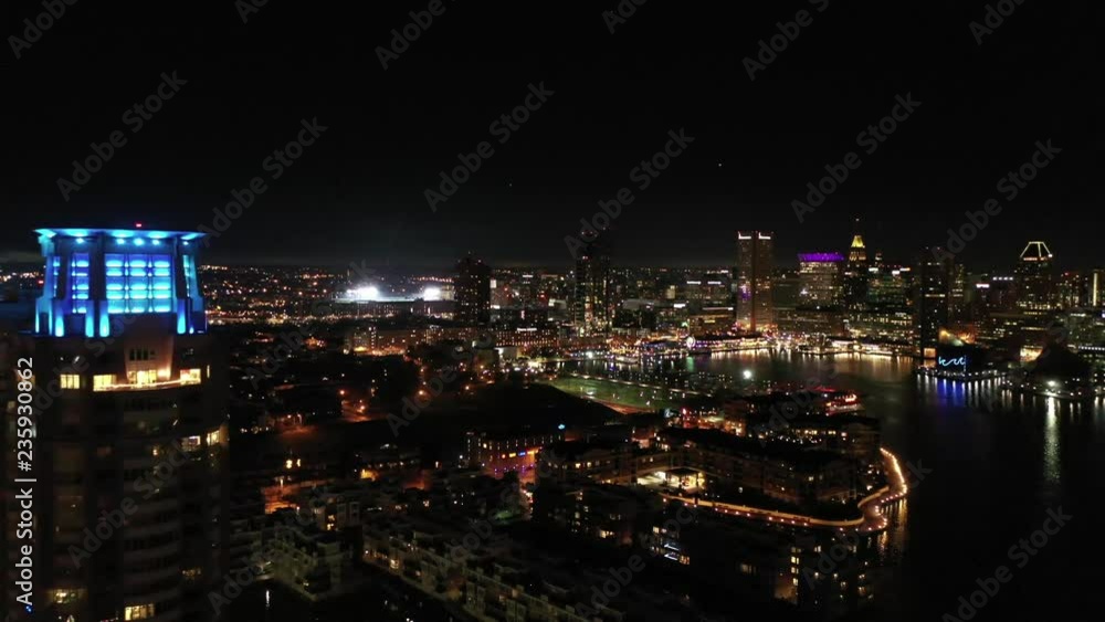 Aerial of Baltimore, Maryland at Night