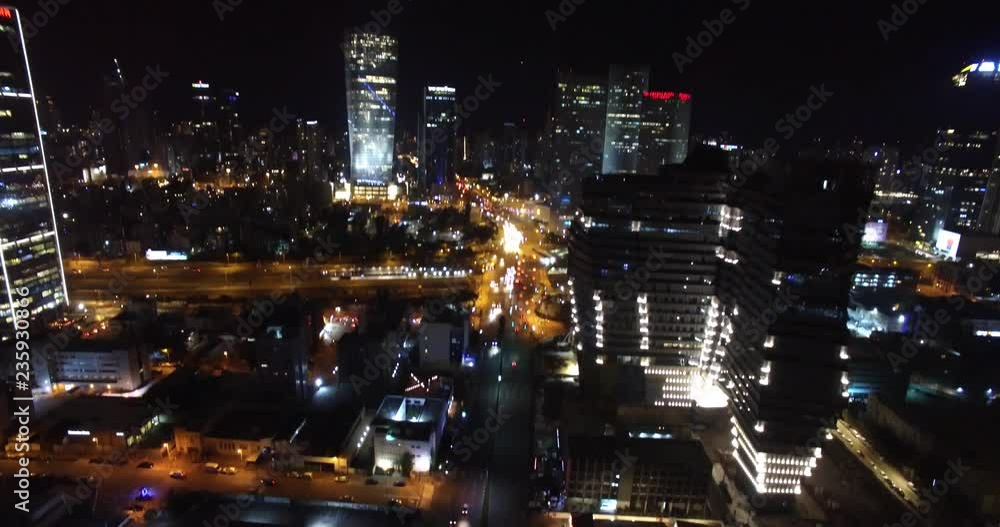 Flying over Tel Aviv City and traffic at Night Drone shot of Skyscrapers and traffic in Tel aviv at Night Flying over Tel Aviv City and traffic at Night Drone shot of Skyscrapers and traffic in Tel aviv at Night