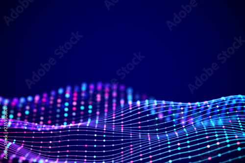 3D Sound waves with colored dots. Big data abstract visualization. Digital concept: virtual landscape. Futuristic background. Sound waves, visual audio waves equalizer, EPS 10 vector illustration.