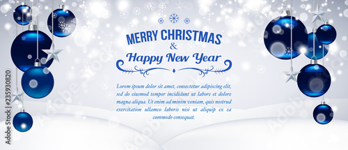 Blue Christmas or New Year background with place for text and glossy Christmas balls, stars and snowflakes. Template for poster, promo, advertising, pamphlet. Vector illustration