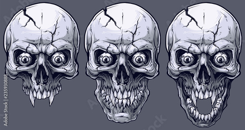 Detailed graphic realistic cool black and white human skulls with sharp canines, crazy eyes and cracks. On gray background. Vector icon set.