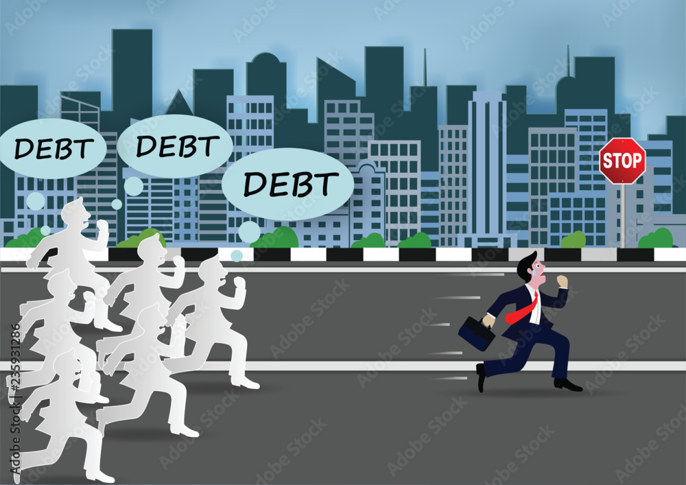 Businessman or manager run away from big debt. With many creditors chasing him. Businessman or manager run away from big debt. With many creditors chasing him.