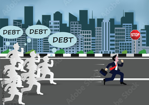 Businessman or manager run away from big debt. With many creditors chasing him.