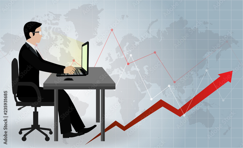 Businessmen sitting on the table help to brainstorm modern ideas. And to achieve success and higher in the financial business. Modern ideas and vector illustrations Arrow bar chart template. world map Businessmen sitting on the table help to brainstorm modern ideas. And to achieve success and higher in the financial business. Modern ideas and vector illustrations Arrow bar chart template. world map