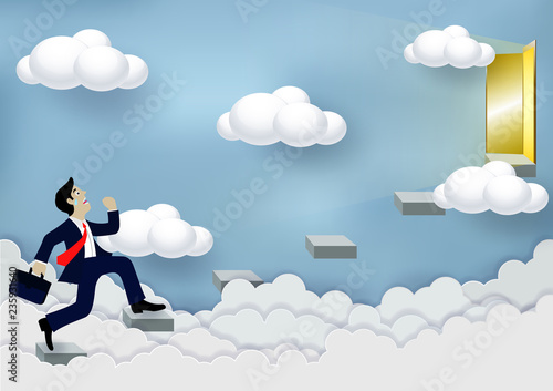 Businessmen are running up the stairs to the sky door. To achieve success in life and progress in the work. From the highest organization Business Finance Concepts. cartoon, vector illustrations