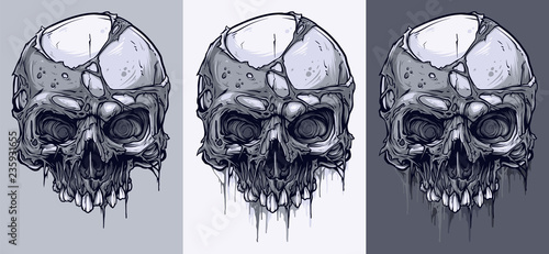 Detailed graphic realistic cool black and white human skulls without lower jaw and with pieces of dead skin. On gray background. Vector icon set.
