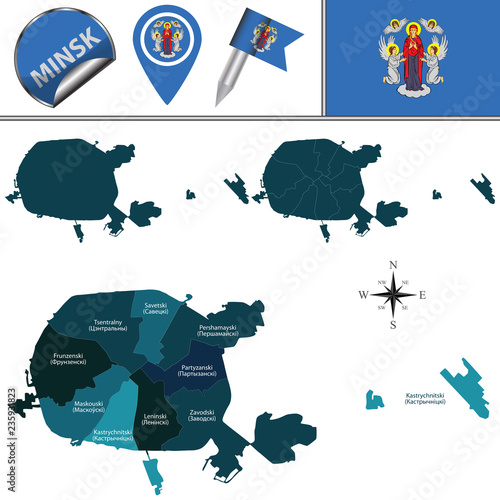 Map of Minsk, Belarus with Districts