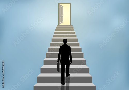 Businessmen walk up the stairs to the door. Step up the ladder to success  goal in life  and progress in the job. Of the highest organization. Business Finance Concepts. cartoon vector illustrations