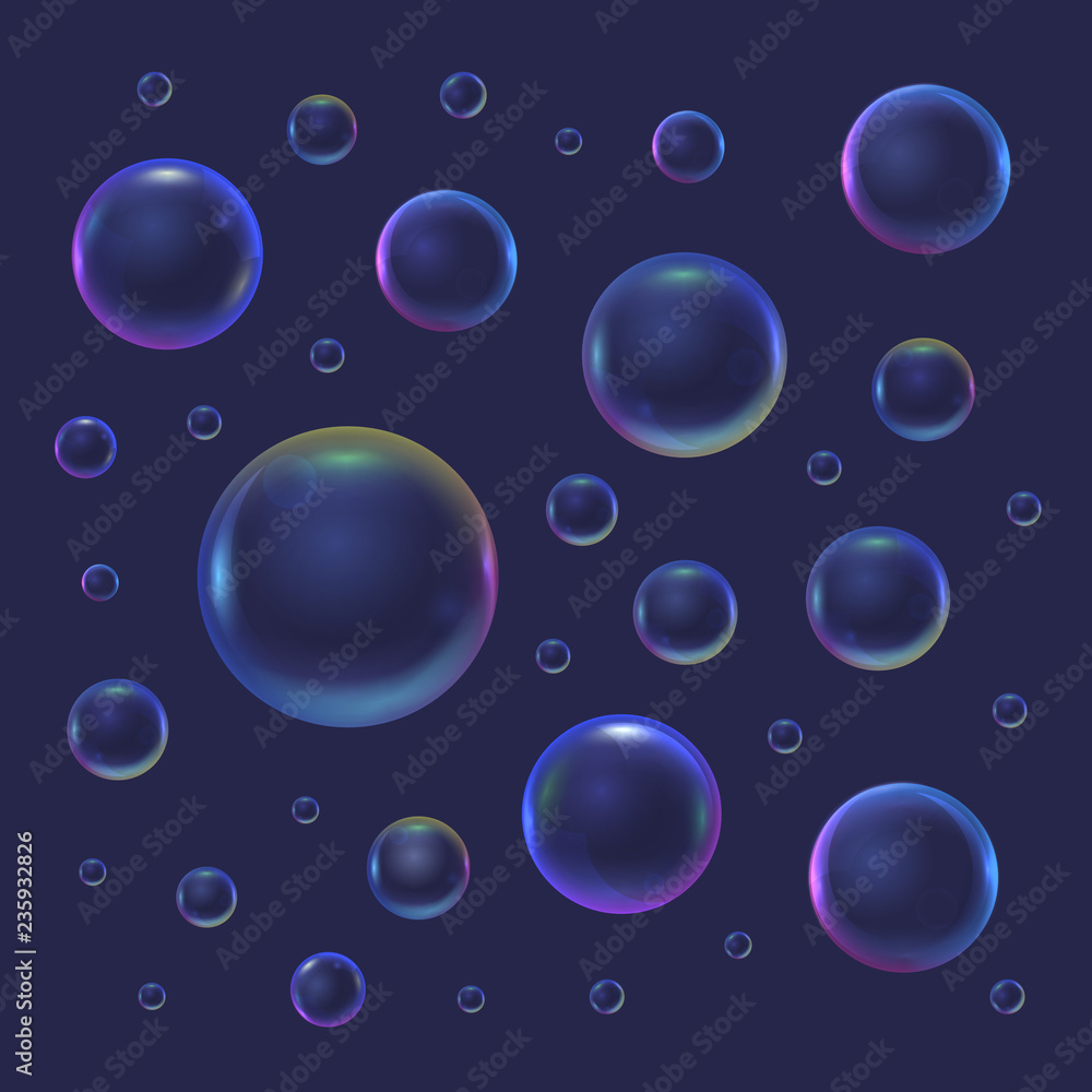 Realistic 3d Detailed Soap Bubble on a Blue Background. Vector