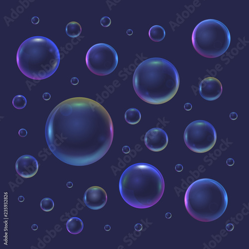 Realistic 3d Detailed Soap Bubble on a Blue Background. Vector