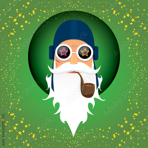 vector DJ rock n roll santa claus with smoking pipe, santa beard and funky santa hat isolated on green christmas square background with stars. Christmas hipster party poster, banner or card.