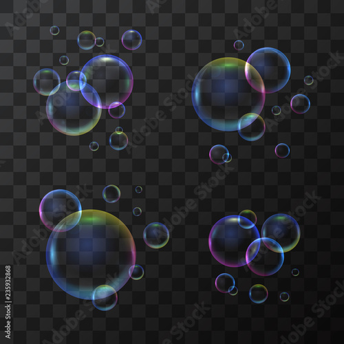 Realistic 3d Detailed Soap Bubble Set on a Transparent Background. Vector