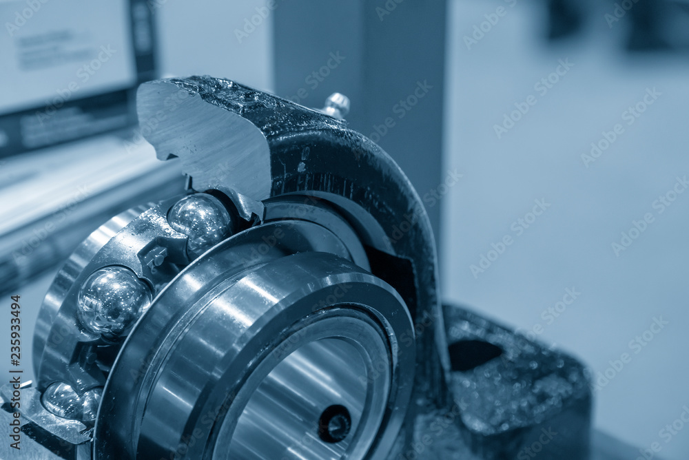 Cutaway part of the metal ball bearing in the light blue scene with ...