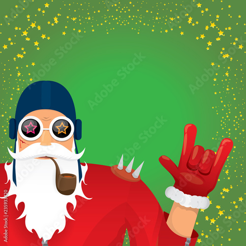 vector DJ rock n roll santa claus with smoking pipe, santa beard and funky santa hat isolated on green christmas square background with stars. Christmas hipster party poster, banner or card.