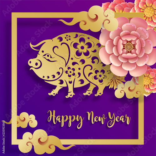 Happy chinese new year 2019 Zodiac sign with gold paper cut art and craft style on color Background.(Chinese Translation : Year of the pig)