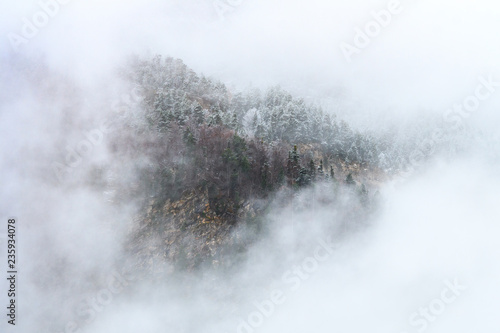 misty landscape at foggy mountains