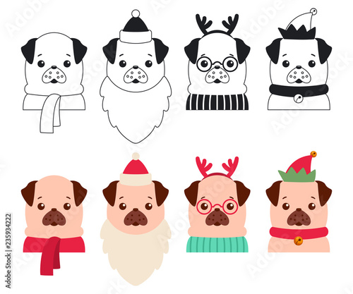 Christmas dogs in the costumes of Santa Claus, reindeer and elf. Vector cartoon set of cute puppies isolated on white background.
