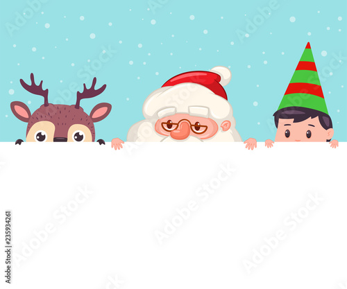Santa Claus, reindeer and elf looking out of blank sign. Vector cartoon Christmas illustration with cute holiday characters isolated on background.