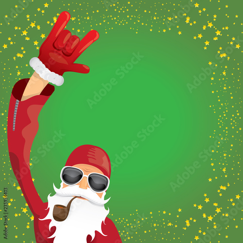 vector DJ rock n roll santa claus with smoking pipe, santa beard and funky santa hat isolated on green christmas square background with stars. Christmas hipster party poster, banner or card.