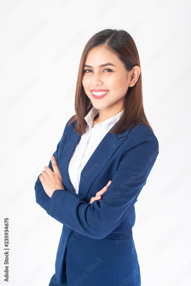 Beautiful Business Woman in blue suit is smiling on white background Beautiful Business Woman in blue suit is smiling on white background