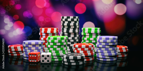 Poker chips piles and dice on abstract bokeh background. 3d illustration