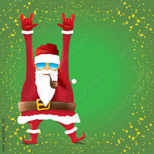 vector DJ rock n roll santa claus with smoking pipe, santa beard and funky santa hat isolated on green christmas square background with stars. Christmas hipster party poster, banner or card.