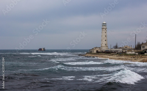 The Tarkhankut lighthouse. Cape Tarkhankut, south-western cape of the Tarkhankut Peninsula, Crimea