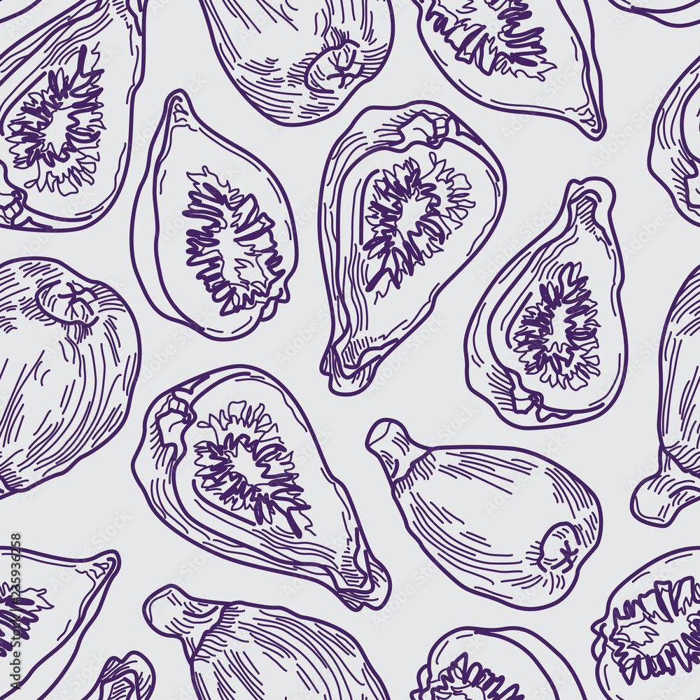 Fig Purple Line Drawing Seamless Pattern on Grey Background