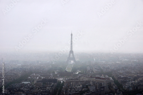 Panoramic view of Paris with eiffel tower in fog