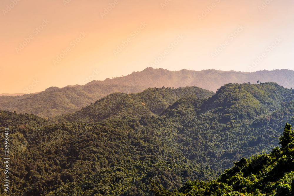 Landscape view of green trees on rain forest mountain in Thailand, Tad Mok Phetchaboon
