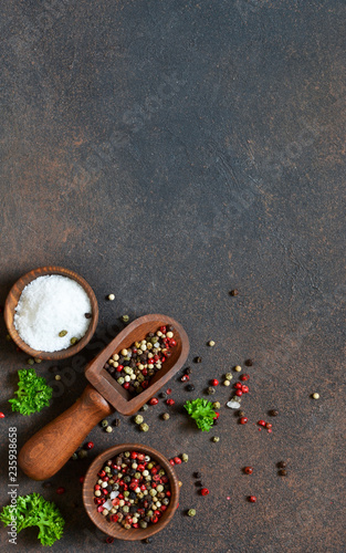 A variety of spices on a concrete background. Salt. Pepper. Top view
