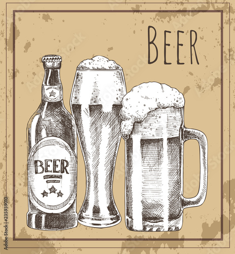 Beer Glass, Bottle and Mug Vintage Promo Poster